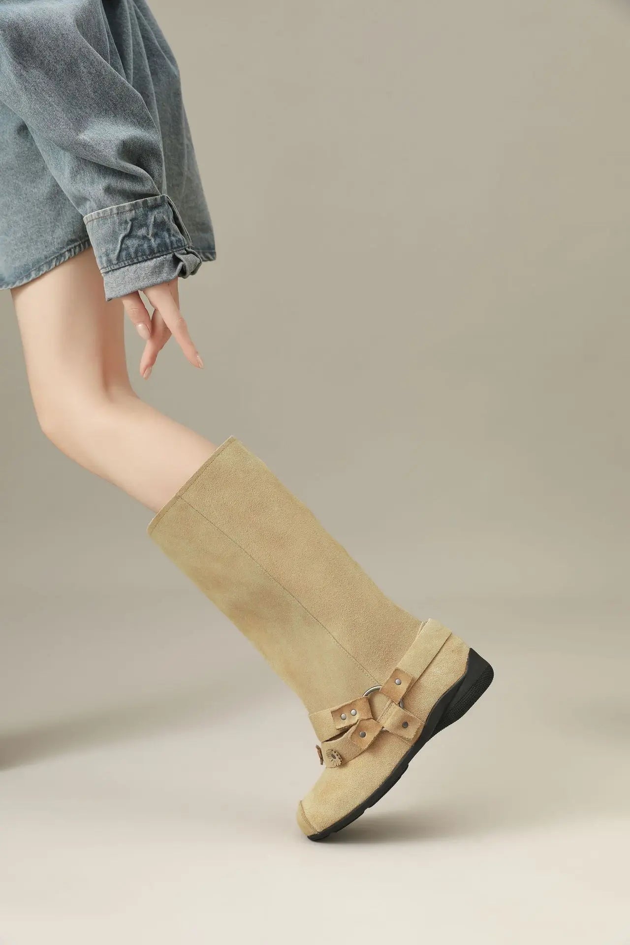 Retro Rivet Square Toe Women Boot Brand Design Korean Belt Buckle Mid - calf Boot Design Flower Decoration Wide - tube Knight Boot - SN Wigs & More
