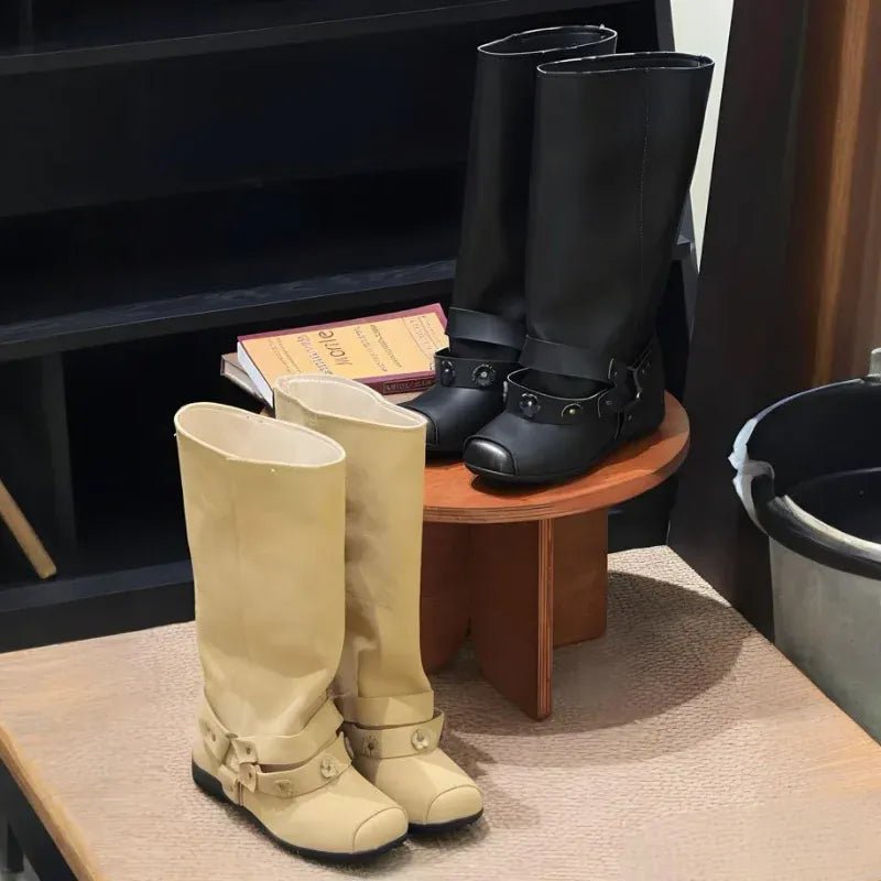 Retro Rivet Square Toe Women Boot Brand Design Korean Belt Buckle Mid - calf Boot Design Flower Decoration Wide - tube Knight Boot - SN Wigs & More