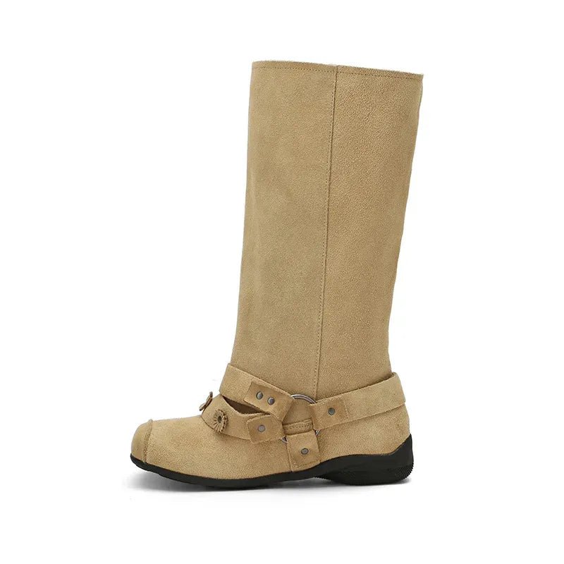 Retro Rivet Square Toe Women Boot Brand Design Korean Belt Buckle Mid - calf Boot Design Flower Decoration Wide - tube Knight Boot - SN Wigs & More