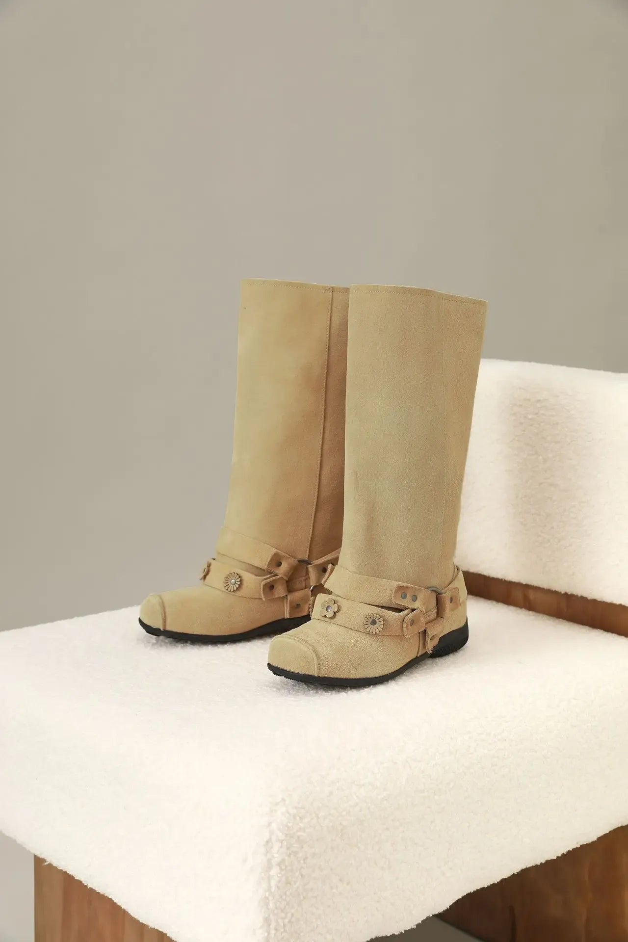 Retro Rivet Square Toe Women Boot Brand Design Korean Belt Buckle Mid - calf Boot Design Flower Decoration Wide - tube Knight Boot - SN Wigs & More