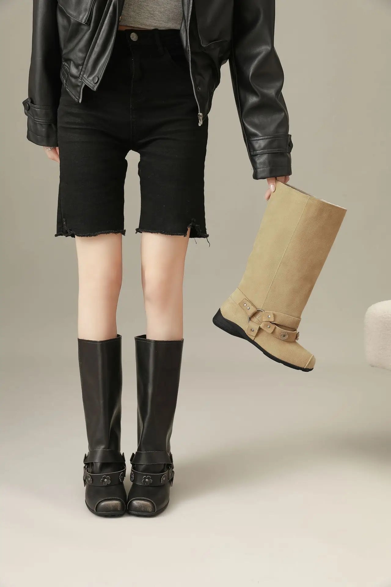 Retro Rivet Square Toe Women Boot Brand Design Korean Belt Buckle Mid - calf Boot Design Flower Decoration Wide - tube Knight Boot - SN Wigs & More