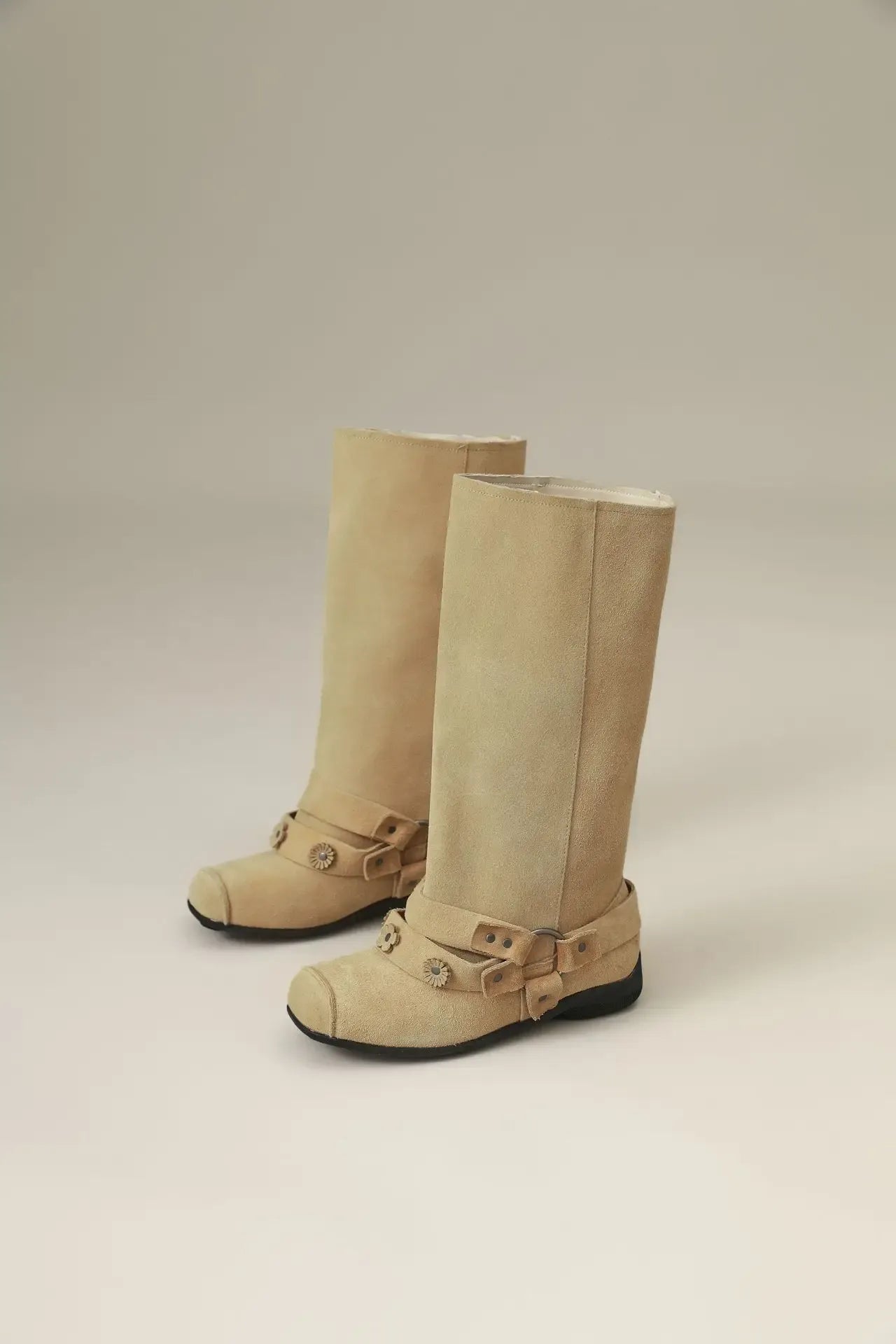 Retro Rivet Square Toe Women Boot Brand Design Korean Belt Buckle Mid - calf Boot Design Flower Decoration Wide - tube Knight Boot - SN Wigs & More