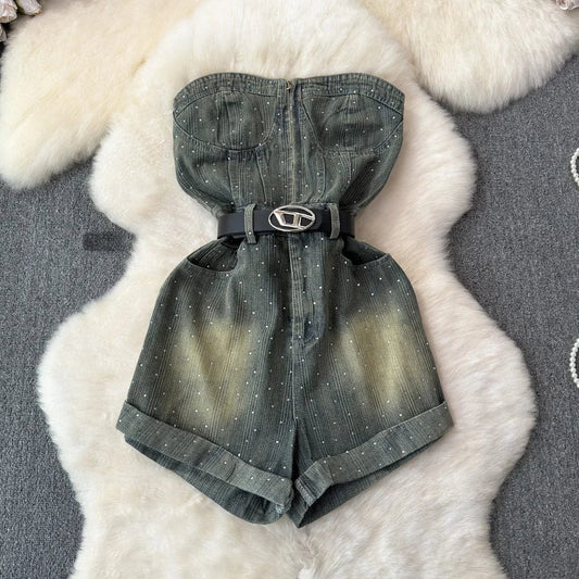 Retro Spicy Girl Fashion Versatile Zipper Top High Waist Slim denim jumpsuit Wide Leg Shorts with Belt for Women Bodysuit