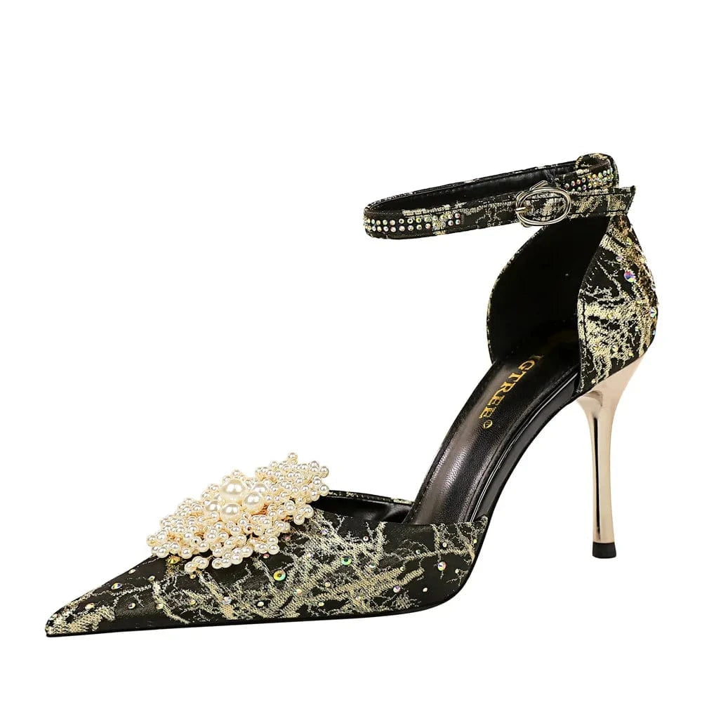 Retro Women Shoes Silk Satin Rhinestone Pearls Floral Buckle Shoes Pointed-toe Wrap-toe High Heel Sandals Ladies Banquet Sandals