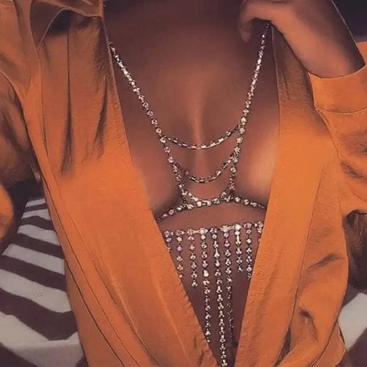 Rhinestone Bikini Body Chain Jewelry Sexy Tassel Chain Nightclub Accessories Chest Jewelry for Women