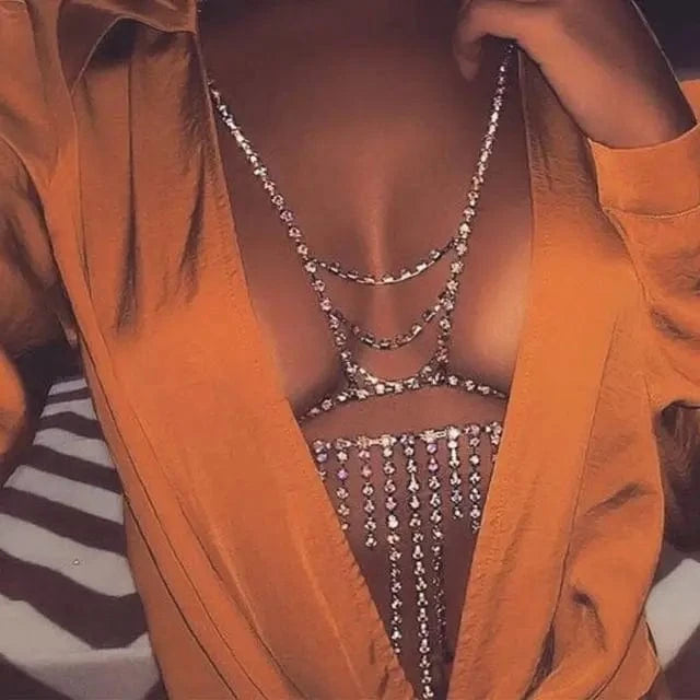 Rhinestone Bikini Body Chain Jewelry Sexy Tassel Chain Nightclub Accessories Chest Jewelry for Women