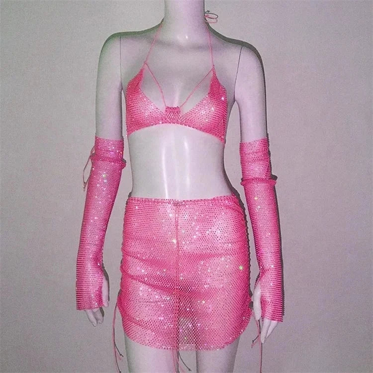 Rhinestone Fishnet 3 Piece Outfits Sexy Fishnet Gloves + Bikinis + Mini Skirt Women Nightclub Party Sets