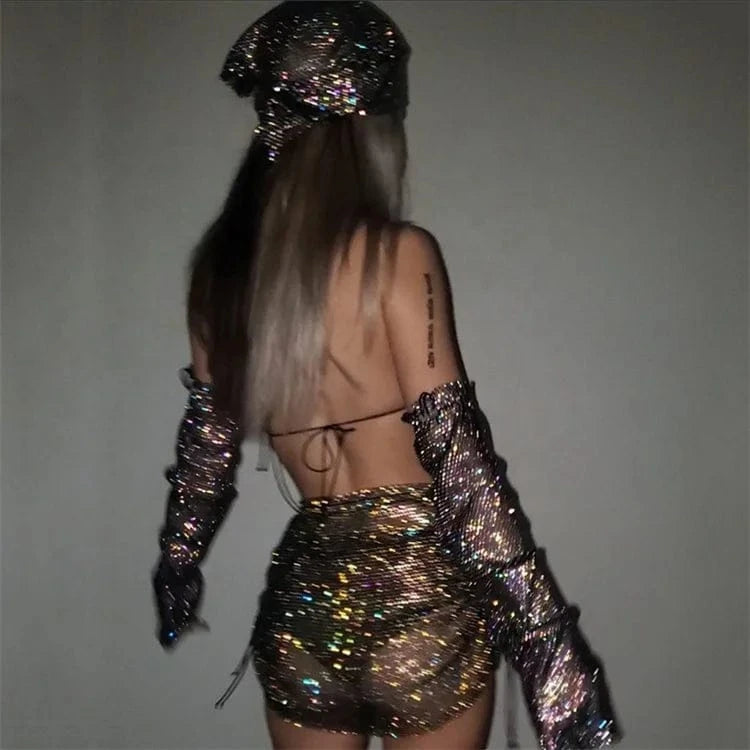 Rhinestone Fishnet 3 Piece Outfits Sexy Fishnet Gloves + Bikinis + Mini Skirt Women Nightclub Party Sets