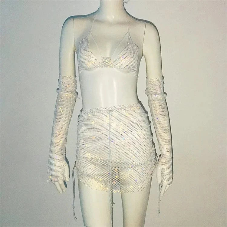 Rhinestone Fishnet 3 Piece Outfits Sexy Fishnet Gloves + Bikinis + Mini Skirt Women Nightclub Party Sets