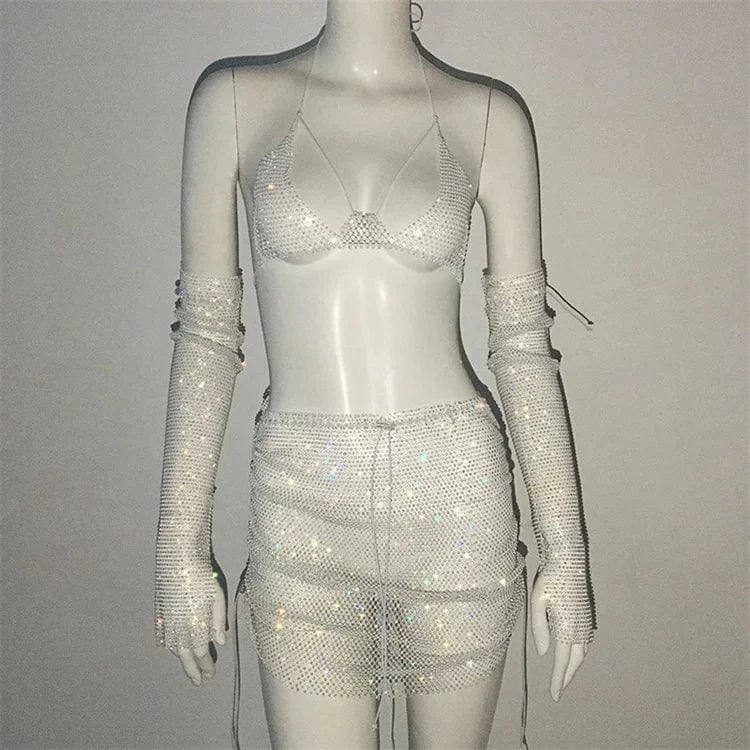 Rhinestone Fishnet 3 Piece Outfits Sexy Fishnet Gloves + Bikinis + Mini Skirt Women Nightclub Party Sets