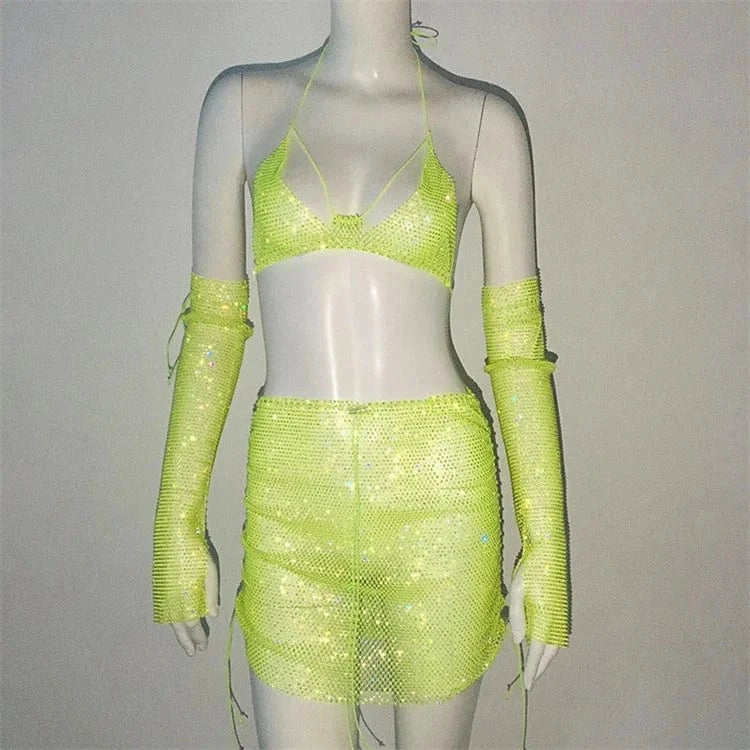 Rhinestone Fishnet 3 Piece Outfits Sexy Fishnet Gloves + Bikinis + Mini Skirt Women Nightclub Party Sets