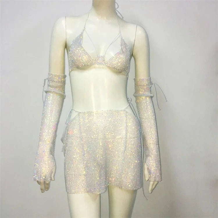 Rhinestone Fishnet 3 Piece Outfits Sexy Fishnet Gloves + Bikinis + Mini Skirt Women Nightclub Party Sets