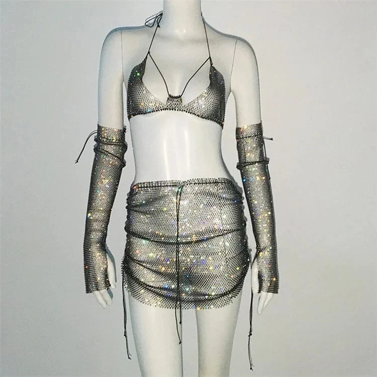 Rhinestone Fishnet 3 Piece Outfits Sexy Fishnet Gloves + Bikinis + Mini Skirt Women Nightclub Party Sets