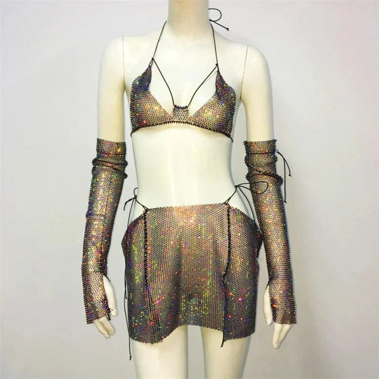 Rhinestone Fishnet 3 Piece Outfits Sexy Fishnet Gloves + Bikinis + Mini Skirt Women Nightclub Party Sets