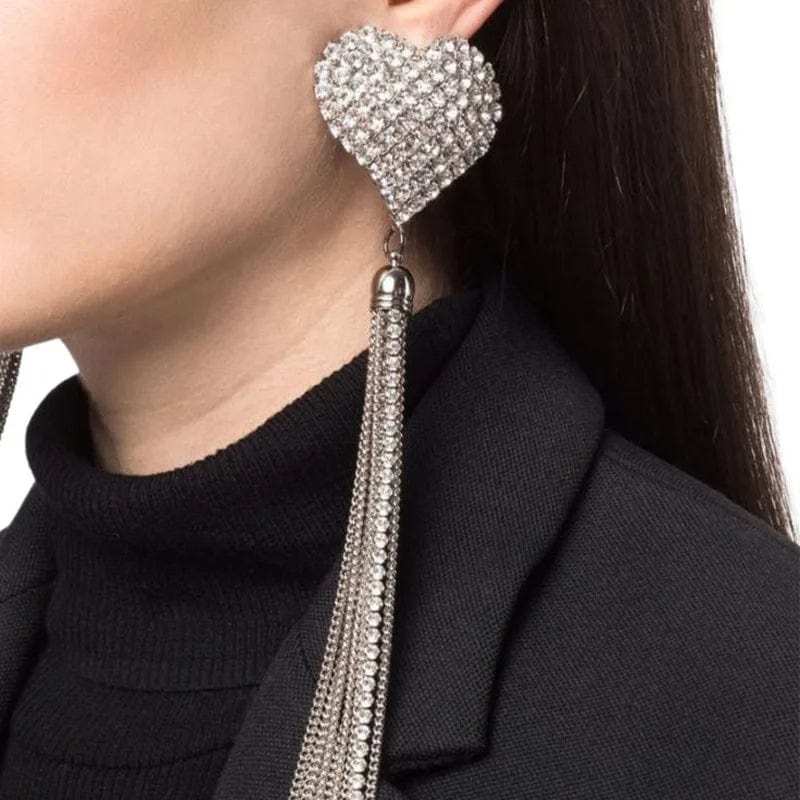 Rhinestone Heart Long Tassel Earrings Luxury Wholesale Boho Tassel Earring Jewelry for Women