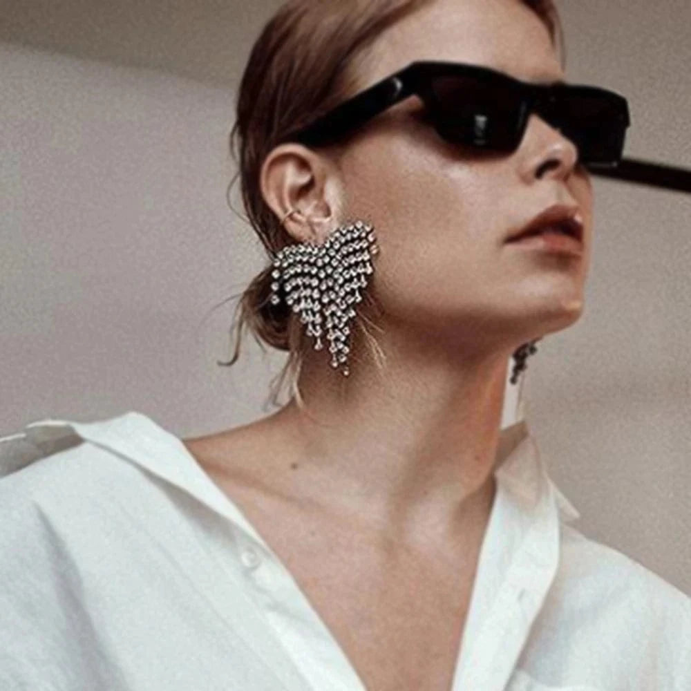Rhinestone Heart Tassel Earrings Statement for Women Shiny Crystal Fashion Jewelry Earrings Wholesale