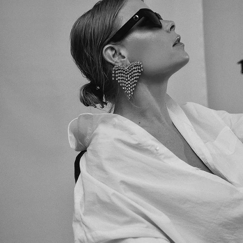 Rhinestone Heart Tassel Earrings Statement for Women Shiny Crystal Fashion Jewelry Earrings Wholesale