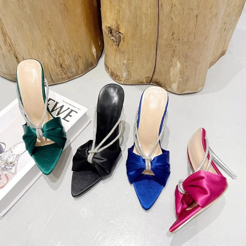 Rhinestone High Heels Women Sandals Summer 2022 Stiletto Mules Silk Bowknot Pointed toe Slides Crystal Luxury Party Shoes Ladies