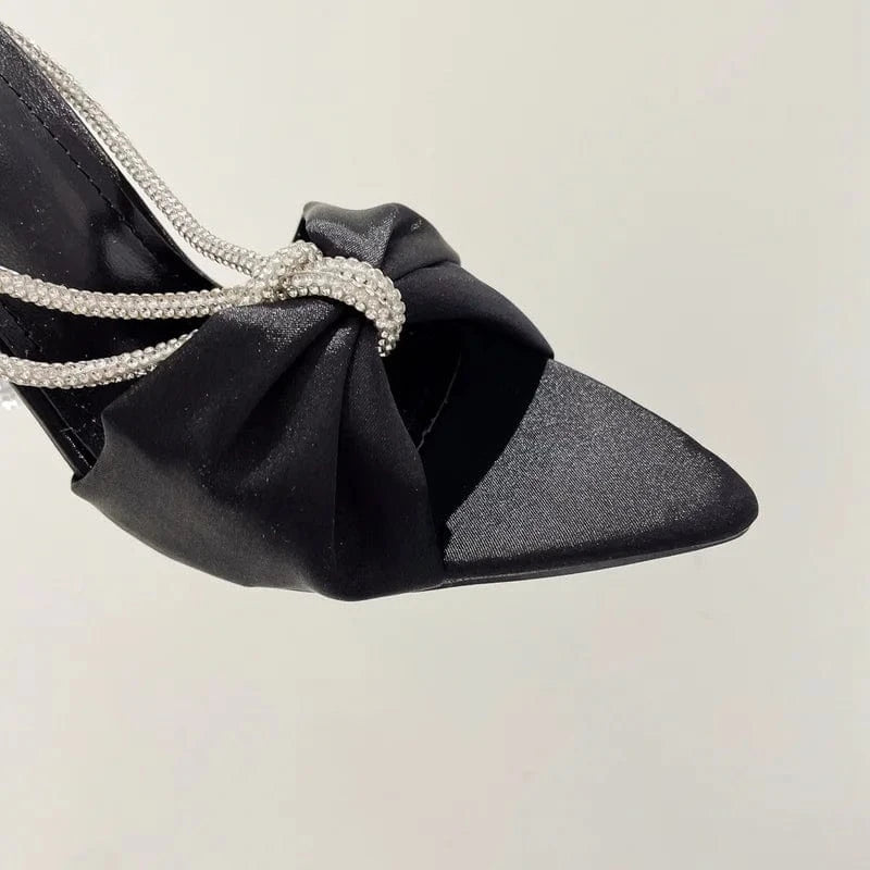 Rhinestone High Heels Women Sandals Summer 2022 Stiletto Mules Silk Bowknot Pointed toe Slides Crystal Luxury Party Shoes Ladies
