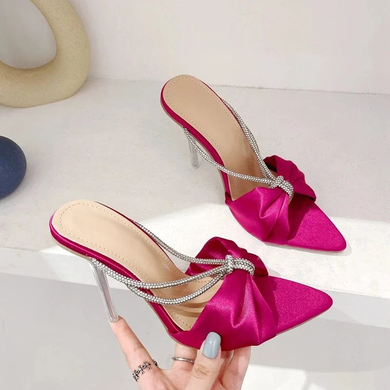 Rhinestone High Heels Women Sandals Summer 2022 Stiletto Mules Silk Bowknot Pointed toe Slides Crystal Luxury Party Shoes Ladies