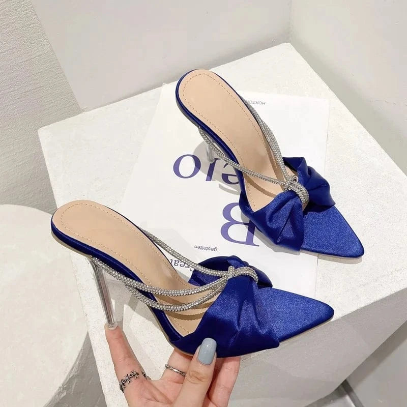 Rhinestone High Heels Women Sandals Summer 2022 Stiletto Mules Silk Bowknot Pointed toe Slides Crystal Luxury Party Shoes Ladies