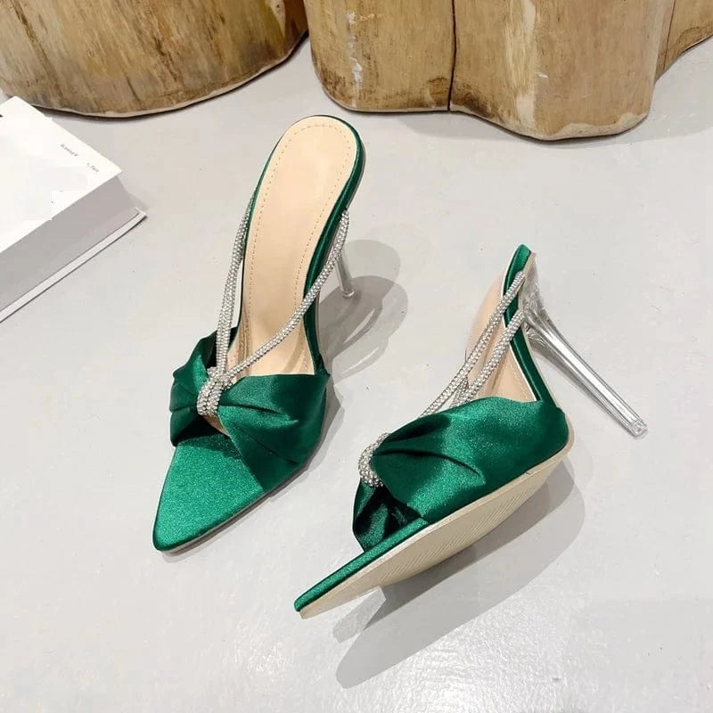 Rhinestone High Heels Women Sandals Summer 2022 Stiletto Mules Silk Bowknot Pointed toe Slides Crystal Luxury Party Shoes Ladies
