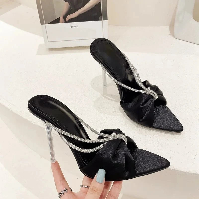 Rhinestone High Heels Women Sandals Summer 2022 Stiletto Mules Silk Bowknot Pointed toe Slides Crystal Luxury Party Shoes Ladies