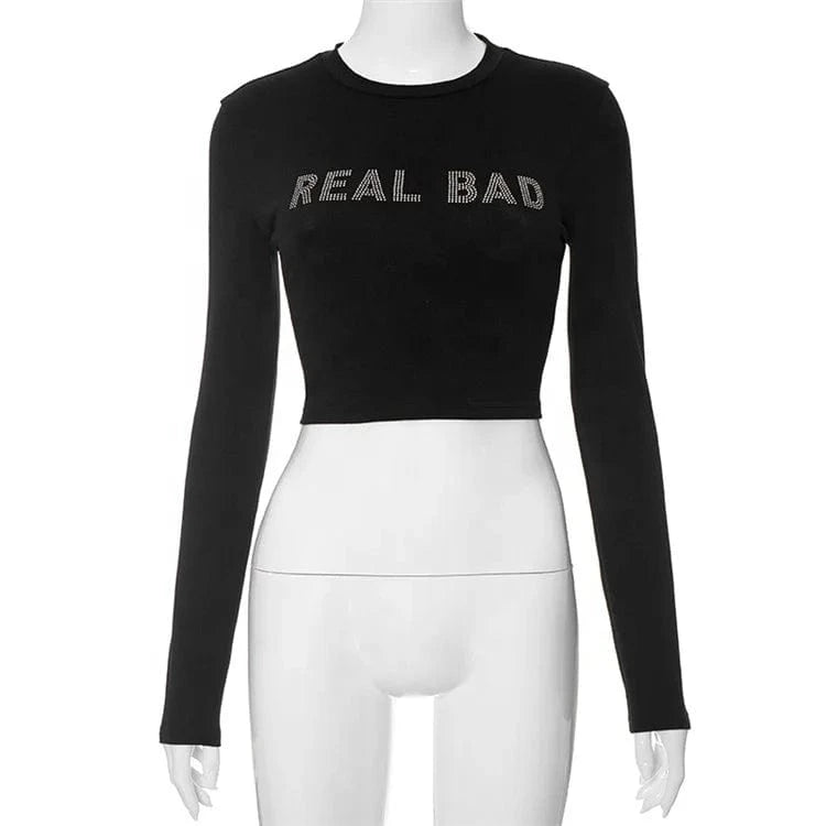 Rhinestone Letters Slim Crop Tops Women Hipster Sexy O-Neck Long Sleeve T-Shirts 2024 Spring Graphic Tees