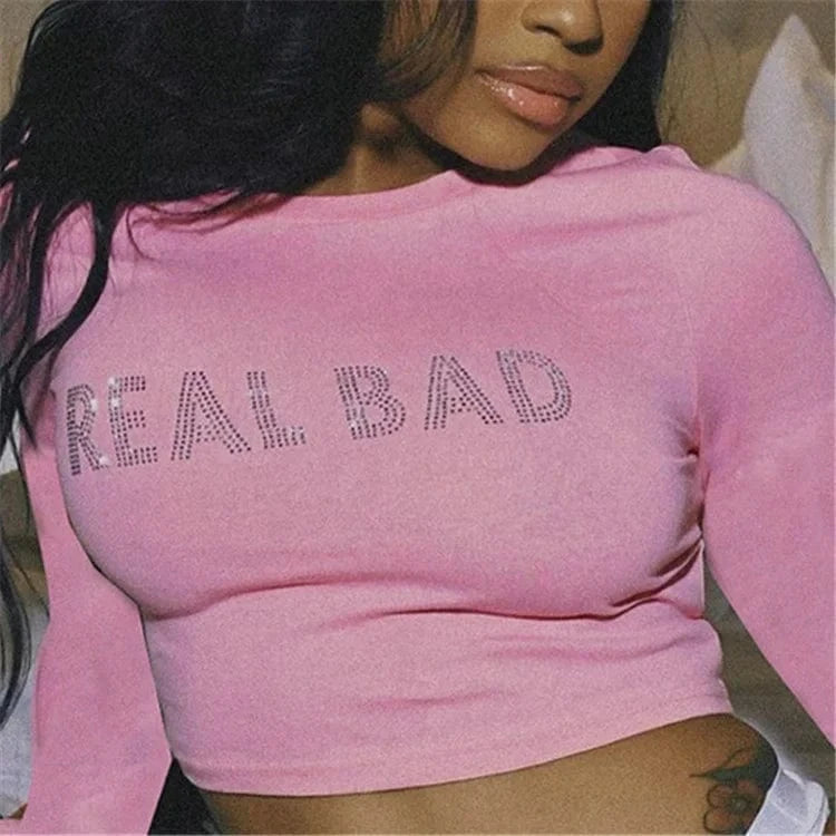 Rhinestone Letters Slim Crop Tops Women Hipster Sexy O-Neck Long Sleeve T-Shirts 2024 Spring Graphic Tees