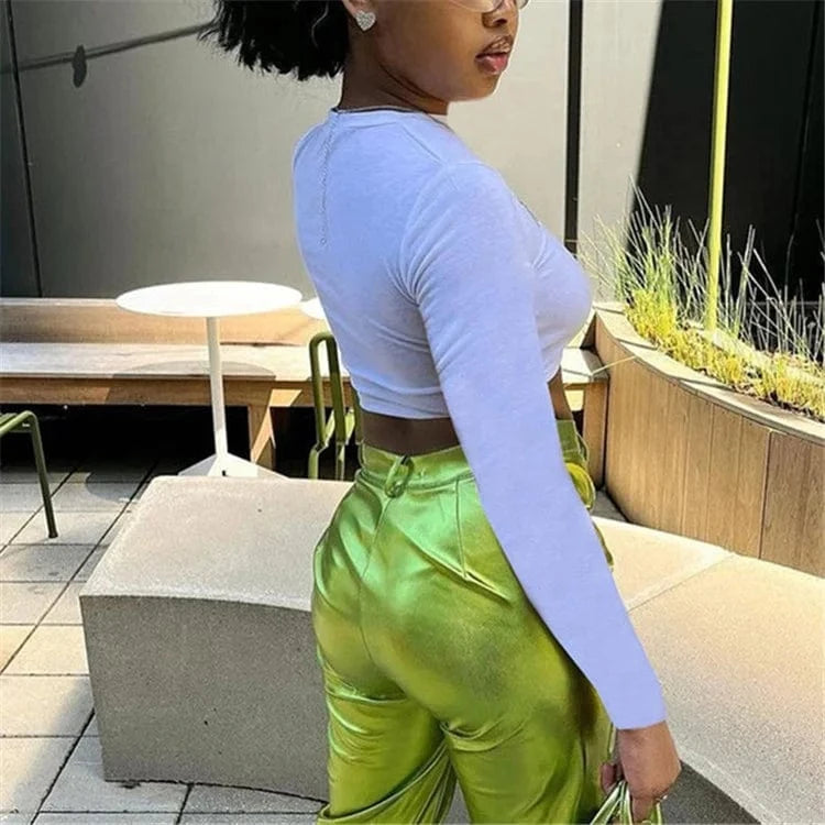 Rhinestone Letters Slim Crop Tops Women Hipster Sexy O-Neck Long Sleeve T-Shirts 2024 Spring Graphic Tees