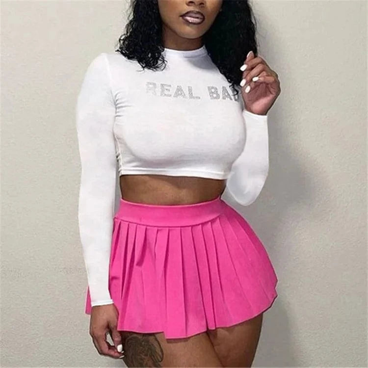 Rhinestone Letters Slim Crop Tops Women Hipster Sexy O-Neck Long Sleeve T-Shirts 2024 Spring Graphic Tees