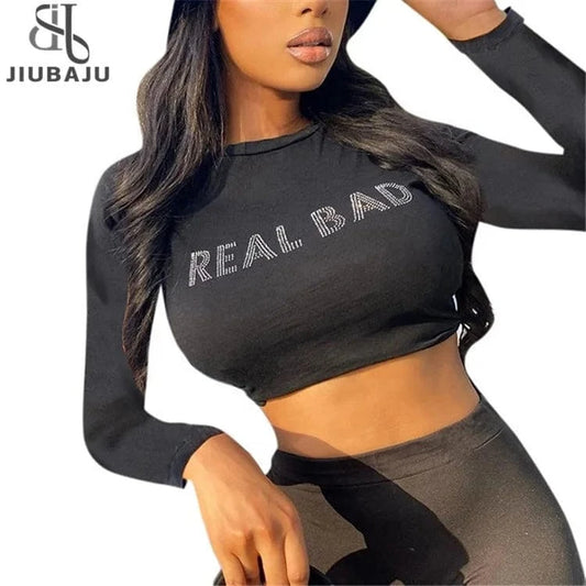 Rhinestone Letters Slim Crop Tops Women Hipster Sexy O-Neck Long Sleeve T-Shirts 2024 Spring Graphic Tees