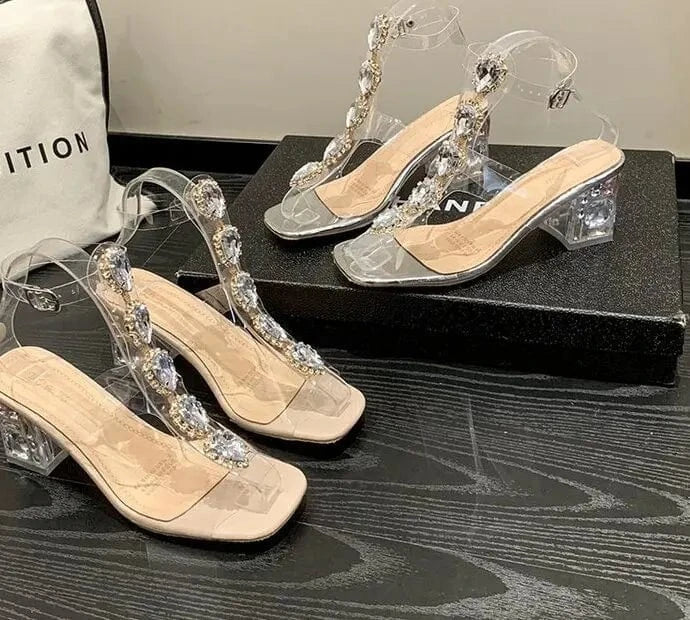 Rhinestone Pvc Clear Crystal Shoes Fashion Square Toe Sandals Women's Transparent High Heel Sandals
