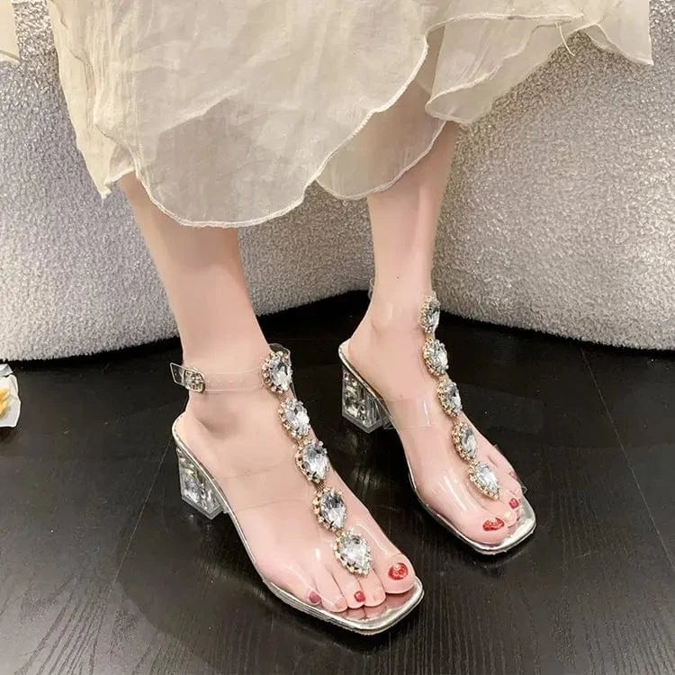 Rhinestone Pvc Clear Crystal Shoes Fashion Square Toe Sandals Women's Transparent High Heel Sandals