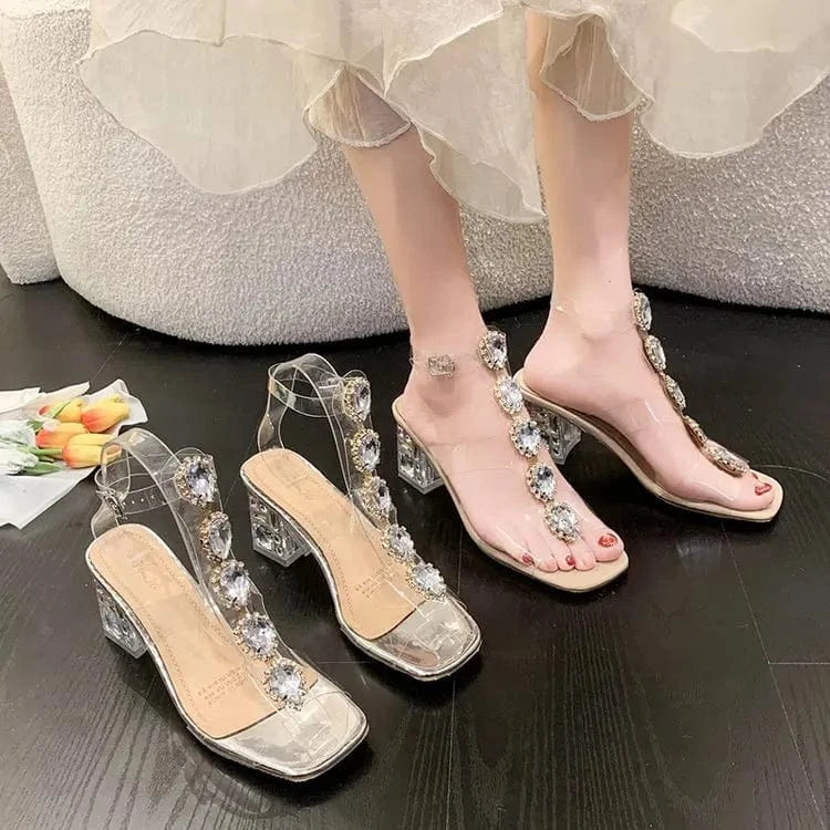 Rhinestone Pvc Clear Crystal Shoes Fashion Square Toe Sandals Women's Transparent High Heel Sandals