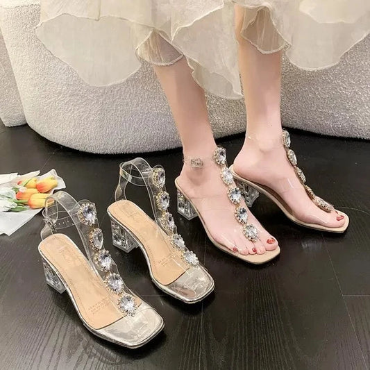 Rhinestone Pvc Clear Crystal Shoes Fashion Square Toe Sandals Women's Transparent High Heel Sandals