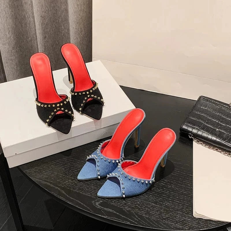 Rhinestone Slippers Ladies Fashion Stiletto Denim Heels 2023 Outdoor Shoes Pointed Open Toe Summer Women's Sandals