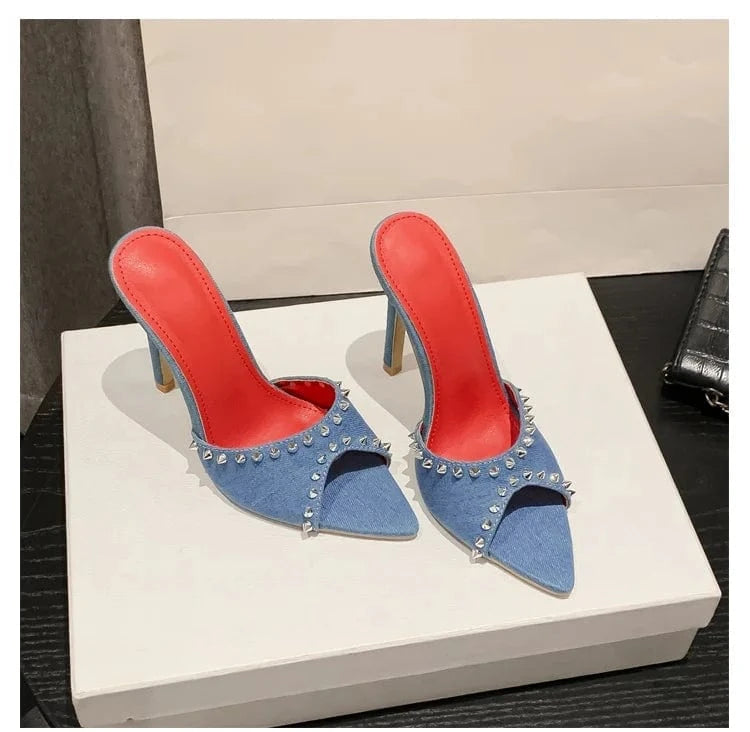Rhinestone Slippers Ladies Fashion Stiletto Denim Heels 2023 Outdoor Shoes Pointed Open Toe Summer Women's Sandals