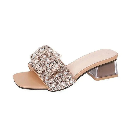 rhinestones Slippers women rough high heels flip-flops lazy bow rhinosin cool drag women shoes large size 35-43