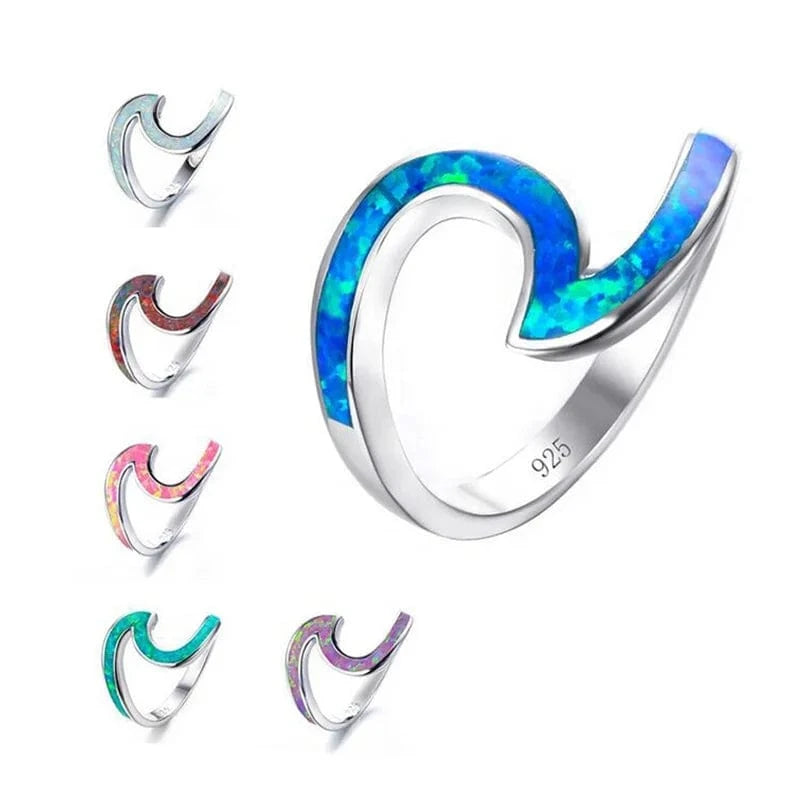 Rhodium plated JCA Sterling Silver 925 Summer Ocean Unique Opal Wave Band Ring