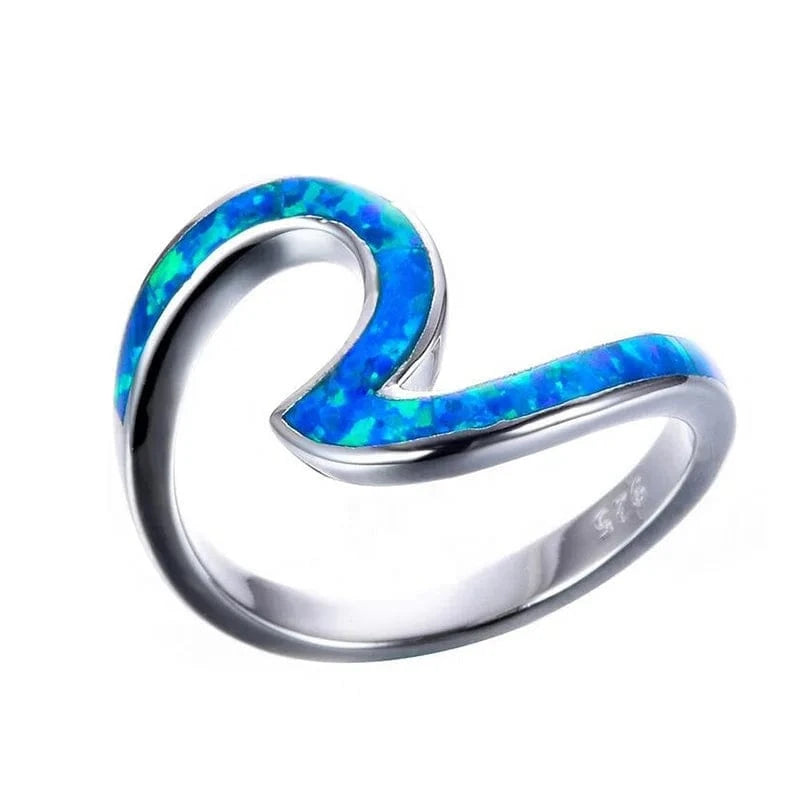 Rhodium plated JCA Sterling Silver 925 Summer Ocean Unique Opal Wave Band Ring