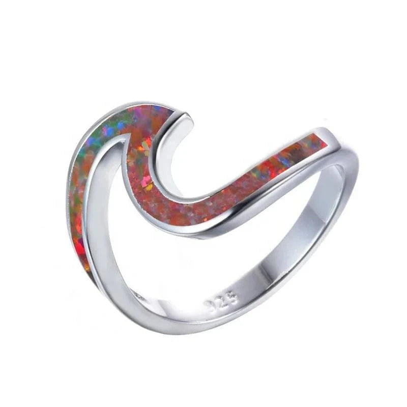 Rhodium plated JCA Sterling Silver 925 Summer Ocean Unique Opal Wave Band Ring