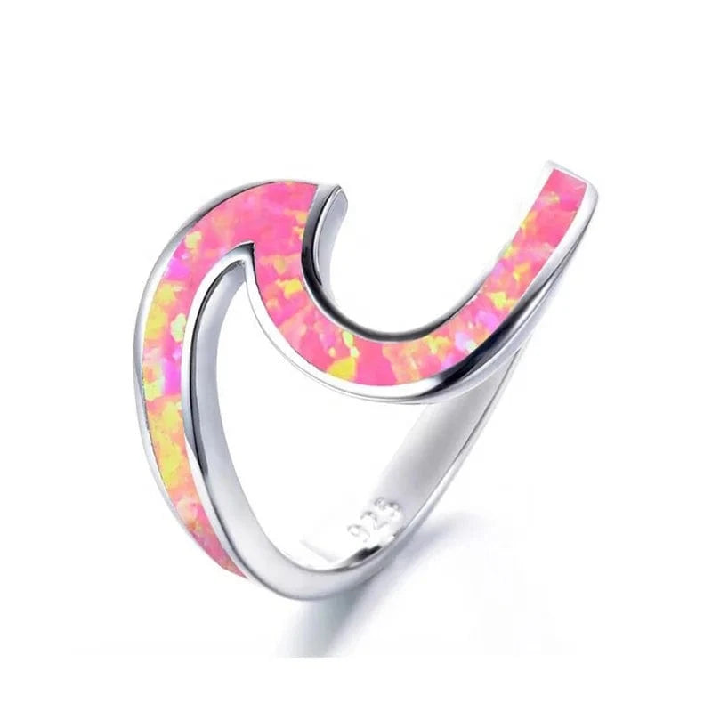 Rhodium plated JCA Sterling Silver 925 Summer Ocean Unique Opal Wave Band Ring