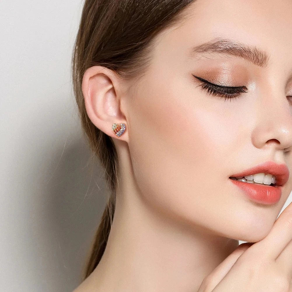 Rhodium Plated RINNTIN EQE91 2023 New Arrival Fine Jewelry Earrings Color Zirconia 925 Sterling Silver Heart-shaped Stud Earrings For Women