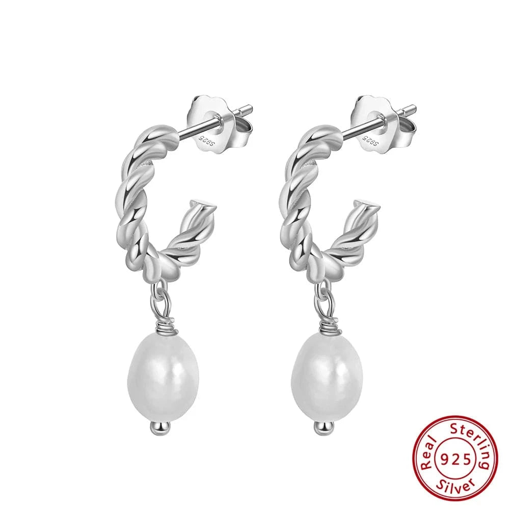 Rhodium Plated RINNTIN GPE17 Genuine 925 Sterling Silver Twisted Hoop Earring Irregular Freshwater Baroque Pearl Jewelry Gifts For Women Girls