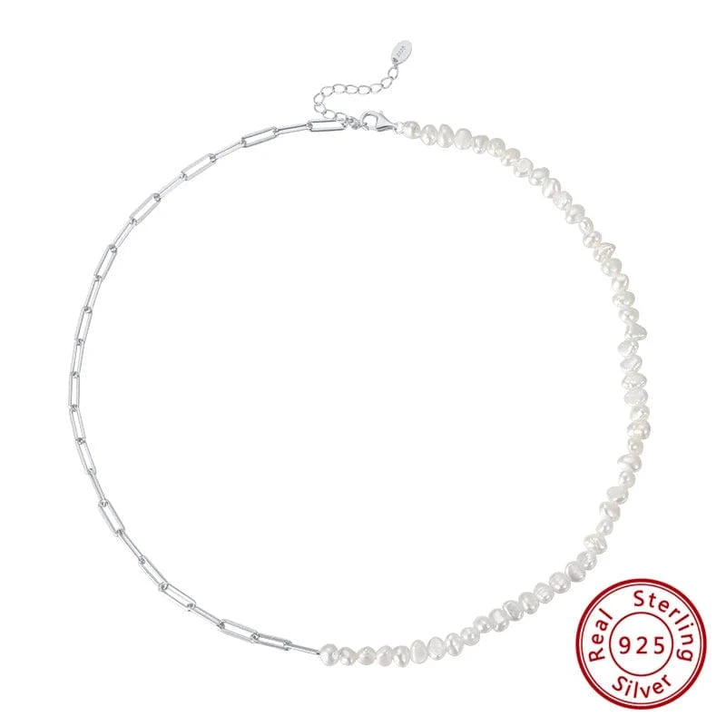 Rhodium Plated RINNTIN GPN13 Pearl Necklace Jewelry Half Silver Chain Half Baroque Freshwater Pearls Choker 14K Gold Plated Necklace for women
