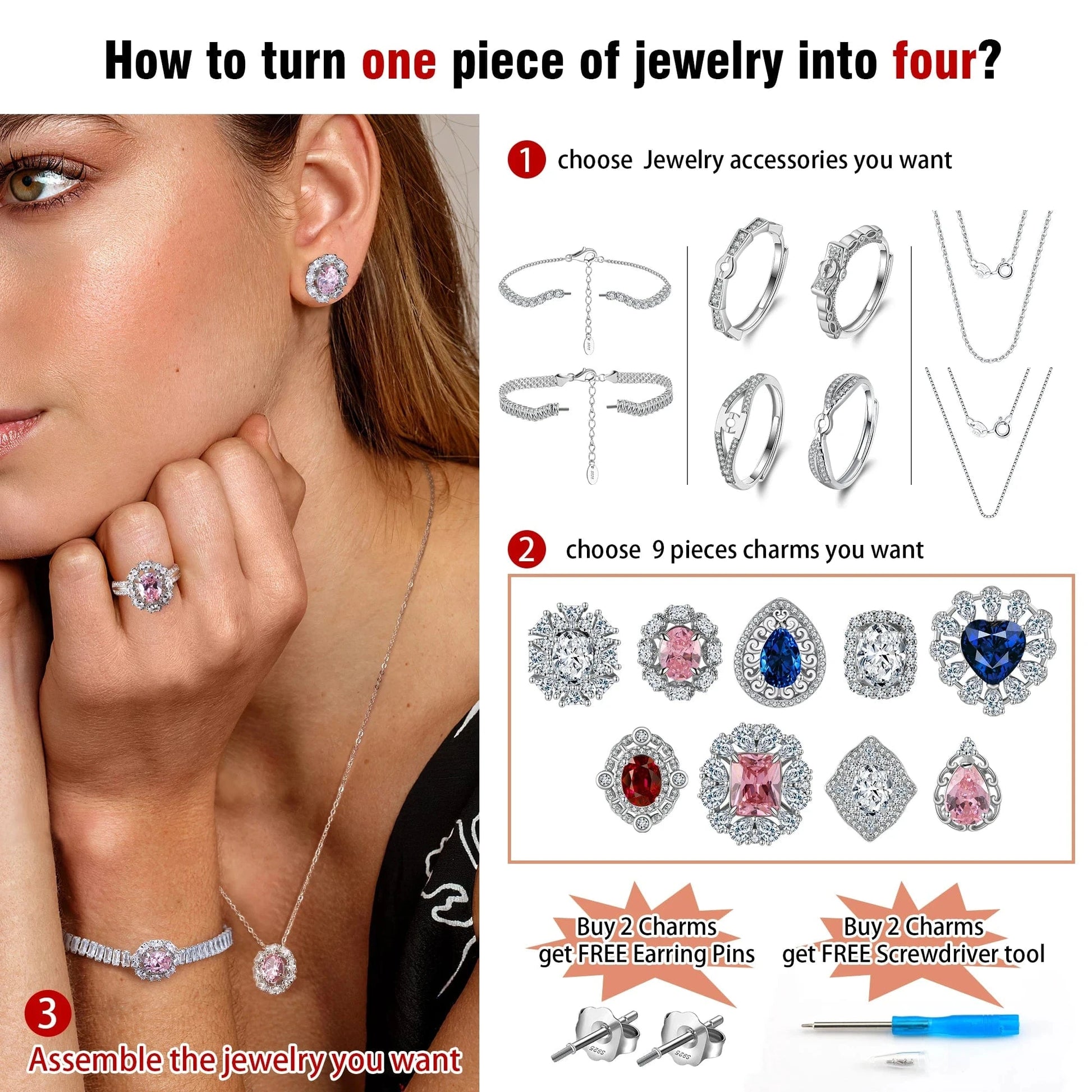 Rhodium Plated RINNTIN LMN06 Vintage Red Created Ruby 5A CZ Shining Diamond Earrings S925 Silver Fine Jewelry Set Accessories Detachable