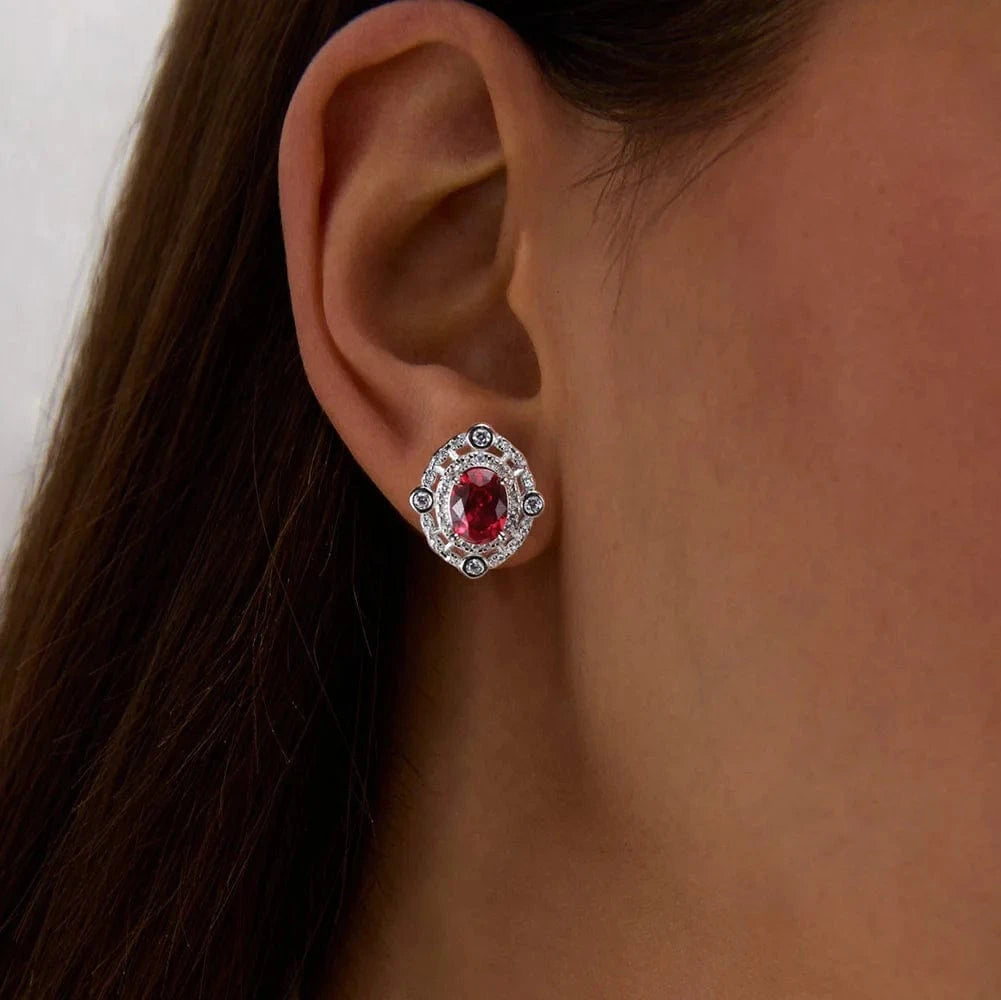 Rhodium Plated RINNTIN LMN06 Vintage Red Created Ruby 5A CZ Shining Diamond Earrings S925 Silver Fine Jewelry Set Accessories Detachable