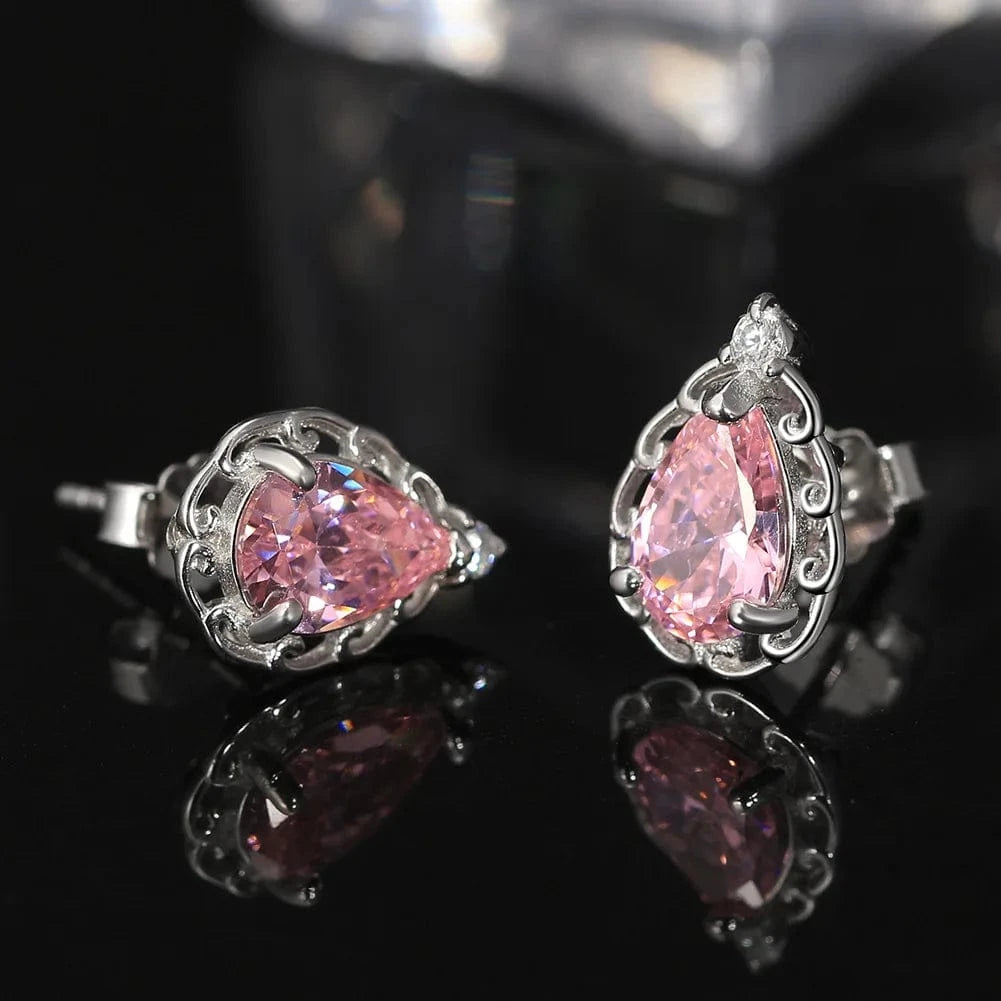 Rhodium Plated RINNTIN LMN09 Wholesale Elegant S925 Silver Earrings with Pear Cut 5A Pink Zirconia Stone Screw Back Fine Jewelry for Women