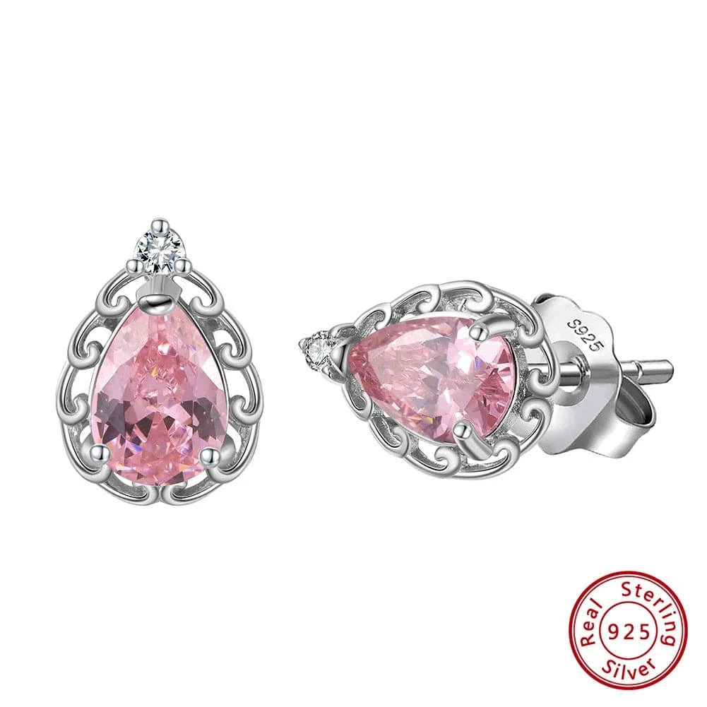 Rhodium Plated RINNTIN LMN09 Wholesale Elegant S925 Silver Earrings with Pear Cut 5A Pink Zirconia Stone Screw Back Fine Jewelry for Women